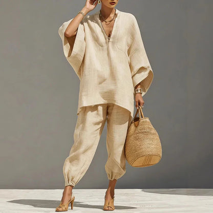 Cordella Women's Linen Pants Set Beige