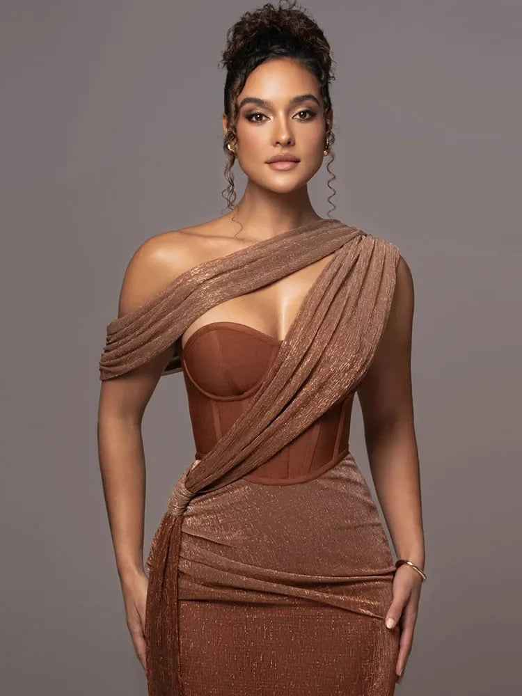 Samantha | Women One-Shoulder Metallic Evening Dress