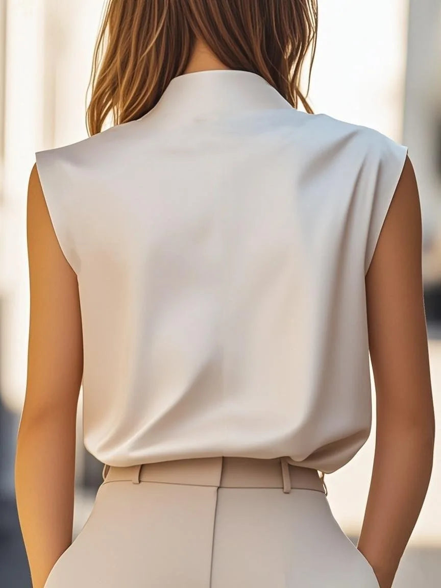 Women's Satin Blouse Sleeveless Mock Neck Beige