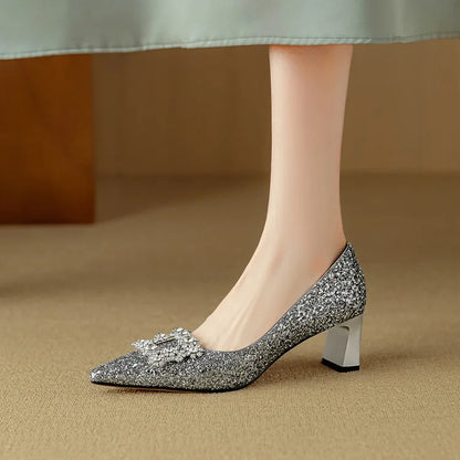 Women's Glitter Pumps Pointed Toe Crystal Buckle Heels