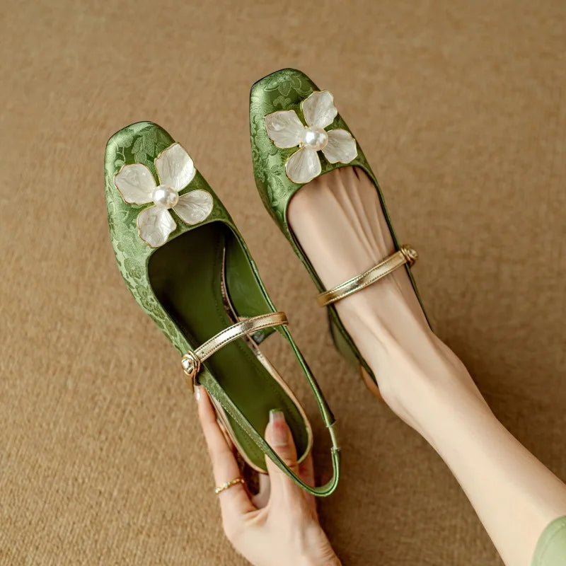 Women's Floral Pumps Block Heel Jacquard Strap