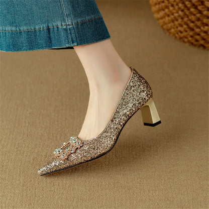 Women's Glitter Pumps Pointed Toe Crystal Buckle Heels
