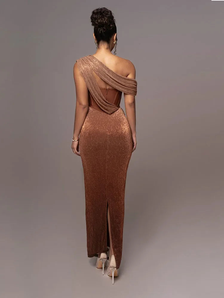 Samantha | Women One-Shoulder Metallic Evening Dress