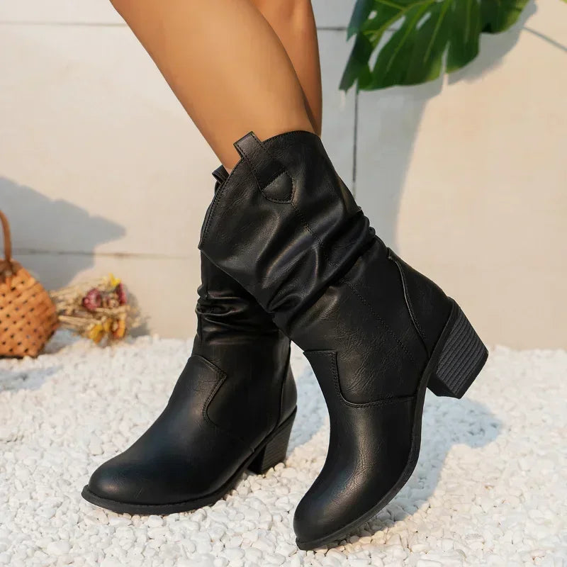 Women's Slouchy Block Heel Mid Calf Boots - Fashinoza