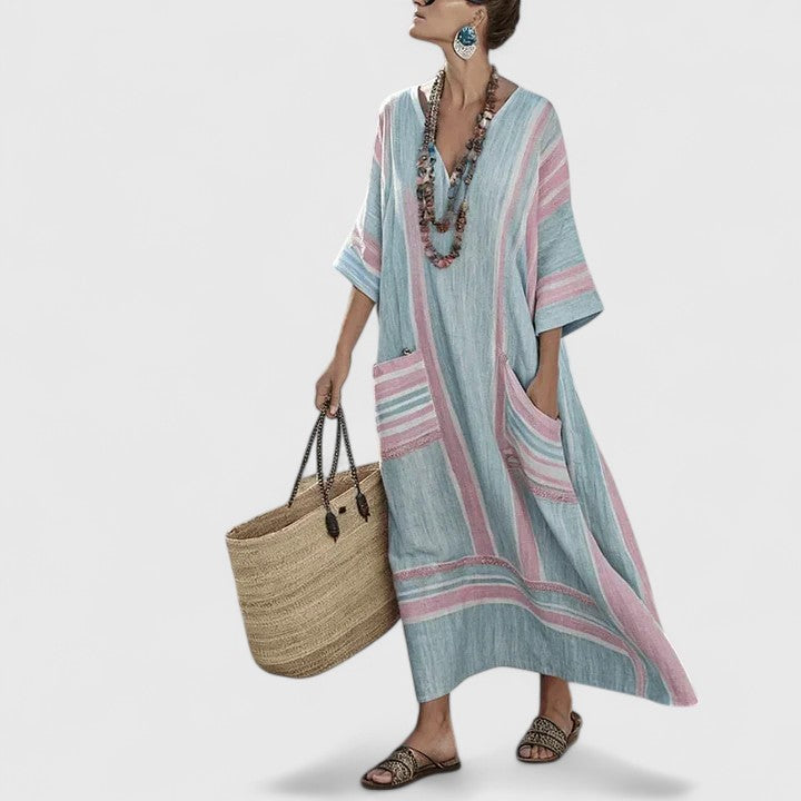 Women's Linen Maxi Dress V-Neck Striped With Pockets
