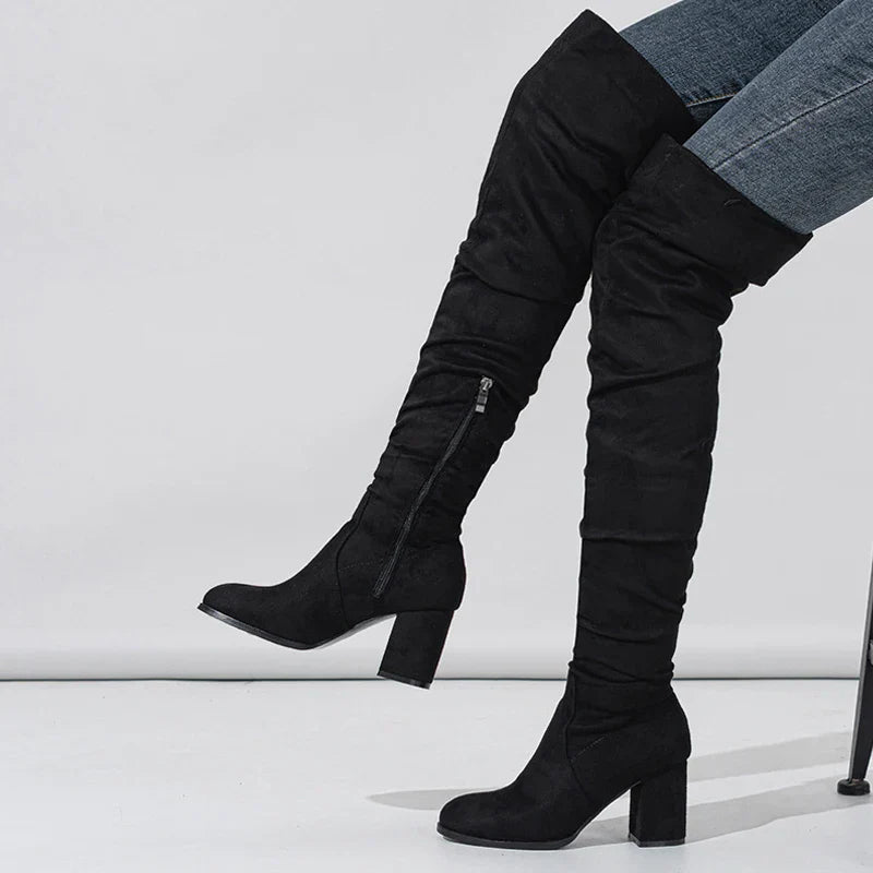 Women's Knee High Boots Pointed Toe Block Heel Slouch Design Black - Fashinoza