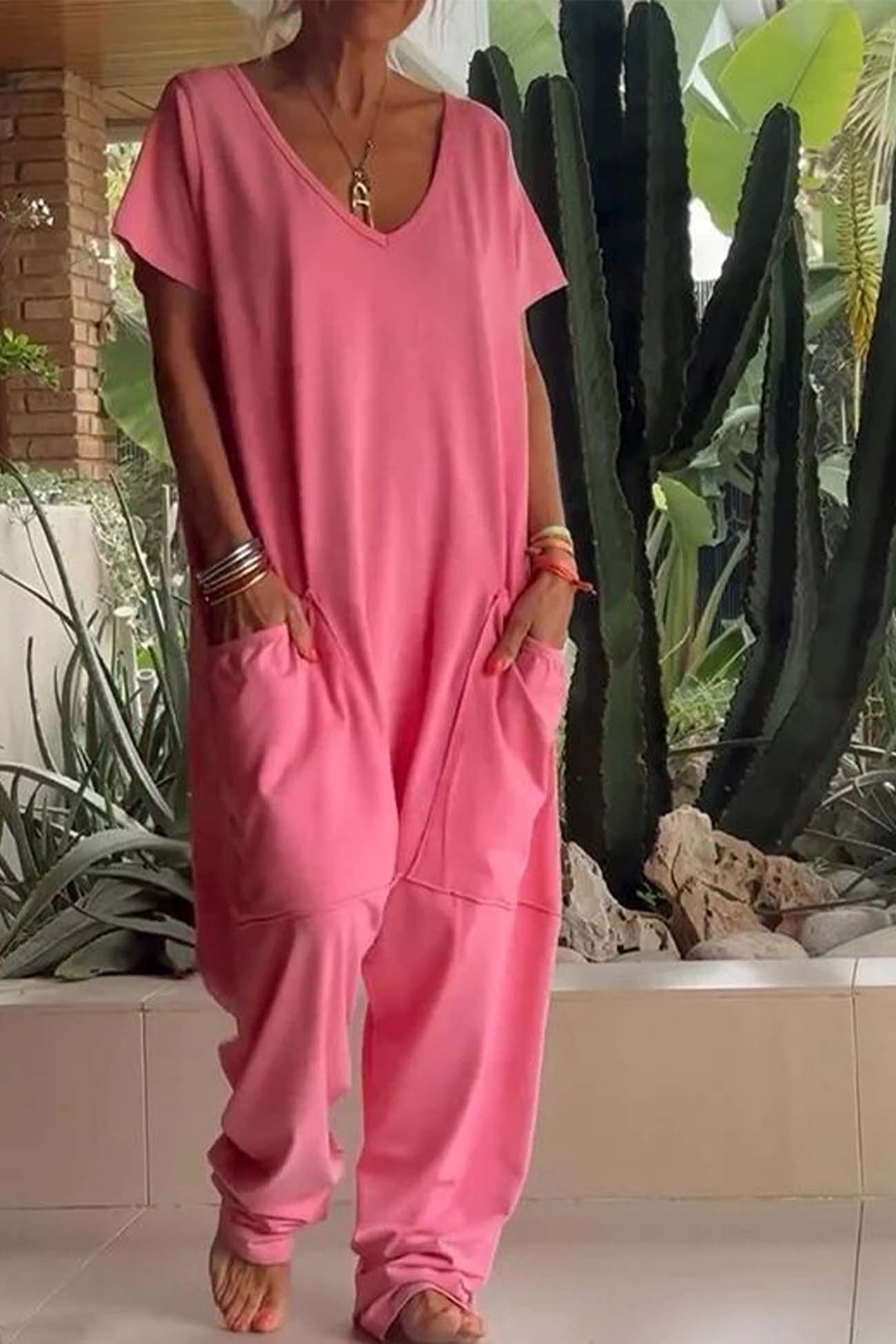 Women's V-Neck Short Sleeve Jumpsuit with Pockets - Fashinoza