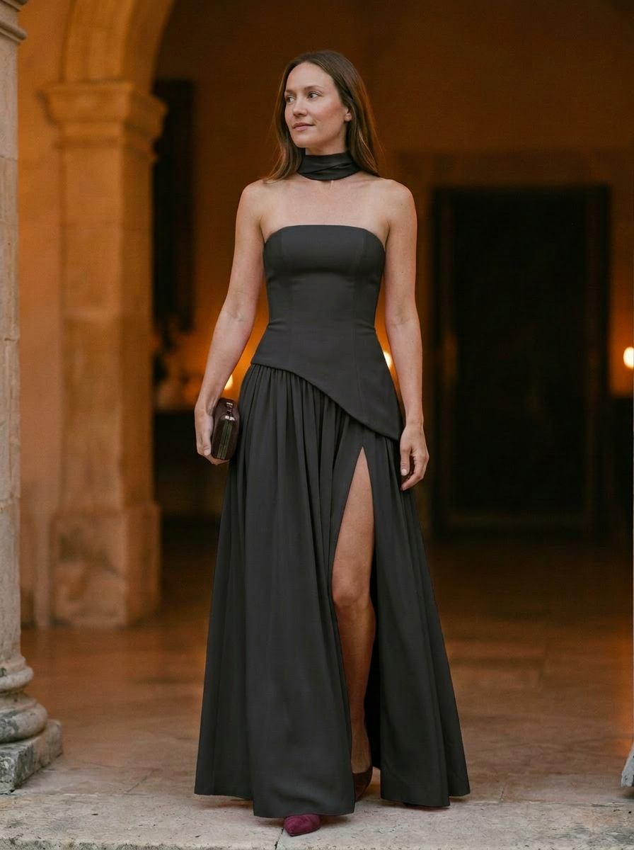 Women's Strapless Maxi Dress Asymmetrical Choker Detail - 
Fashinoza
