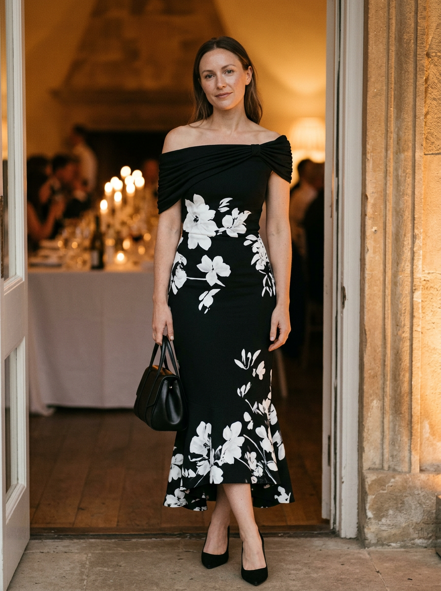 Isabrunel Women's Fitted Midi Dress Off-Shoulder Floral - 
Fashinoza