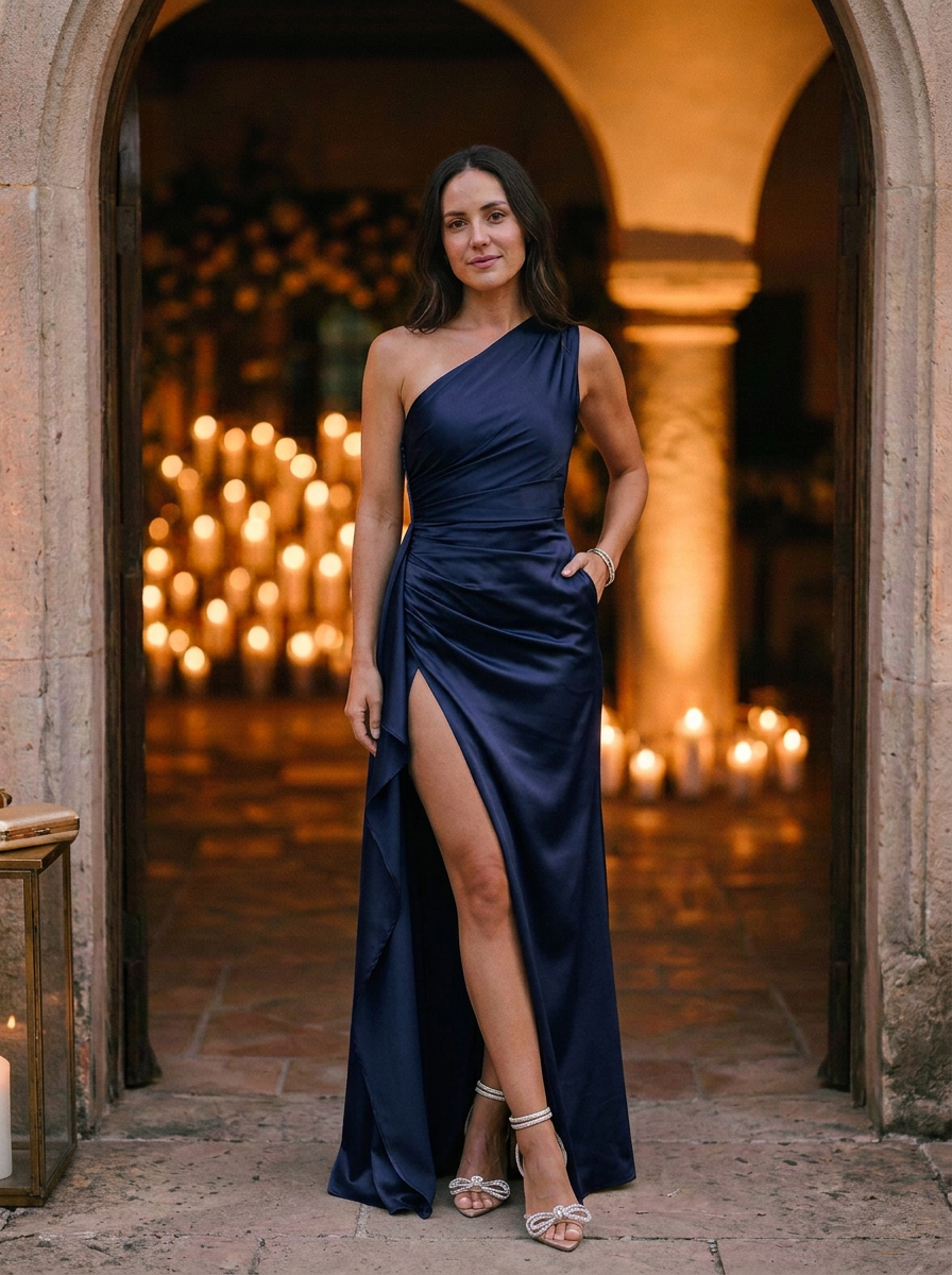 Women's One-Shoulder Maxi Dress Ruched Bodice High Slit - 
Fashinoza