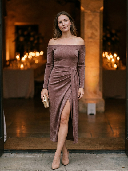 Women's Off-Shoulder Maxi Dress Glitter Knit High Slit