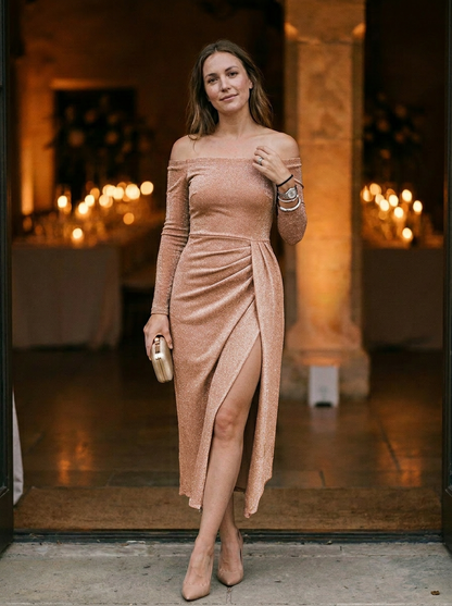 Women's Off-Shoulder Maxi Dress Glitter Knit High Slit
