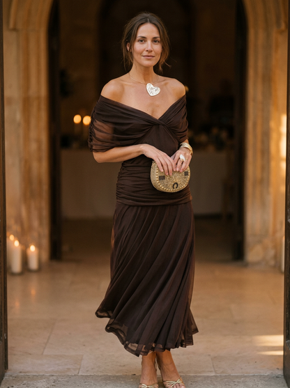 Women's Off-Shoulder Pleated Midi Dress - 
Fashinoza