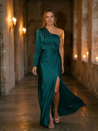 Women's One-Shoulder Ruched Maxi Dress Olive Green