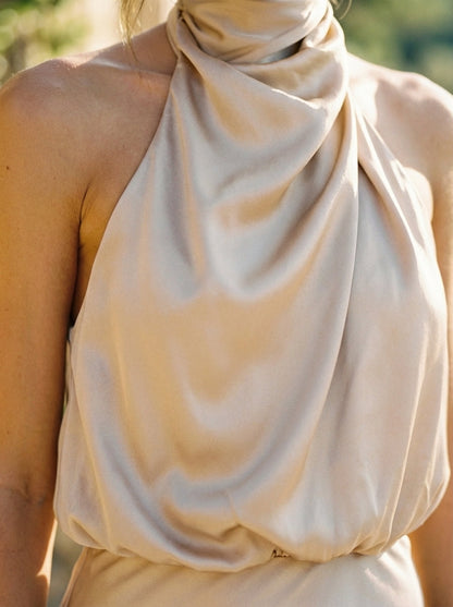 Women's Midi Dress Draped Halter Neckline Twisted Bodice