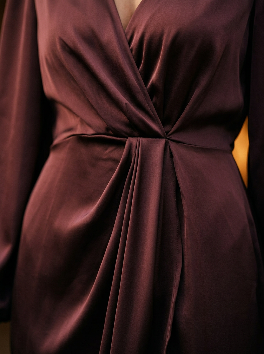 Women's Wrap Midi Dress Draped Skirt Puffed Sleeves