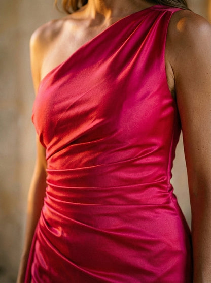 Women's One-Shoulder Maxi Dress Ruched High Slit
