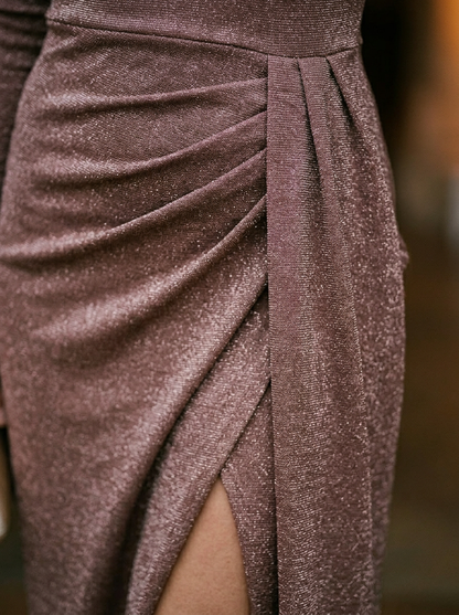 Women's Off-Shoulder Maxi Dress Glitter Knit High Slit
