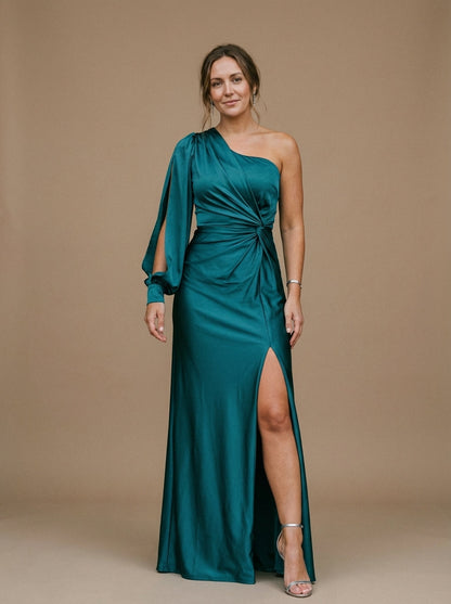 Women's One-Shoulder Ruched Maxi Dress Olive Green