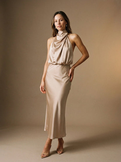 Women's Midi Dress Draped Halter Neckline Twisted Bodice