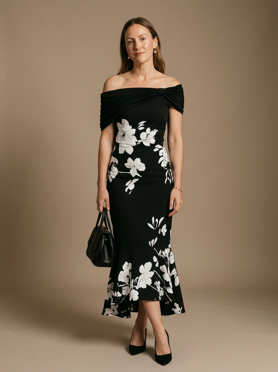 Isabrunel Women's Fitted Midi Dress Off-Shoulder Floral