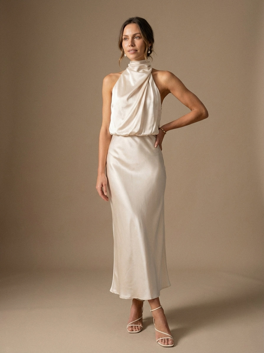 Women's Midi Dress Draped Cowl Neckline Halter Black