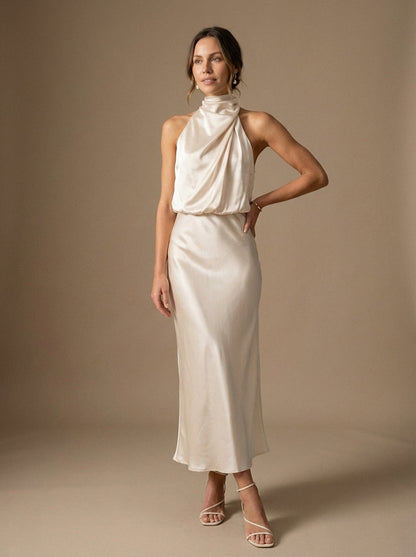 Women's Midi Dress Draped Cowl Neckline Halter Black