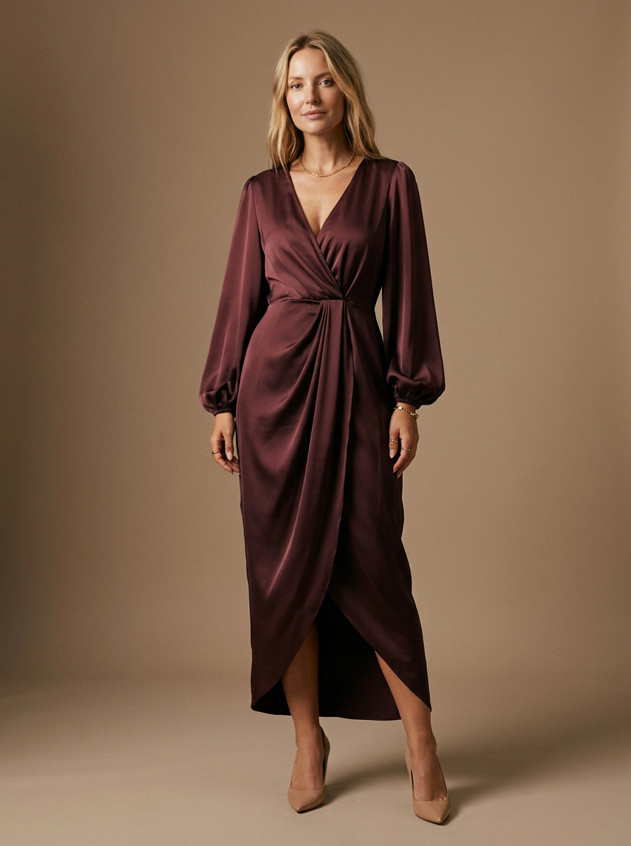 Women's Wrap Midi Dress Draped Skirt Puffed Sleeves