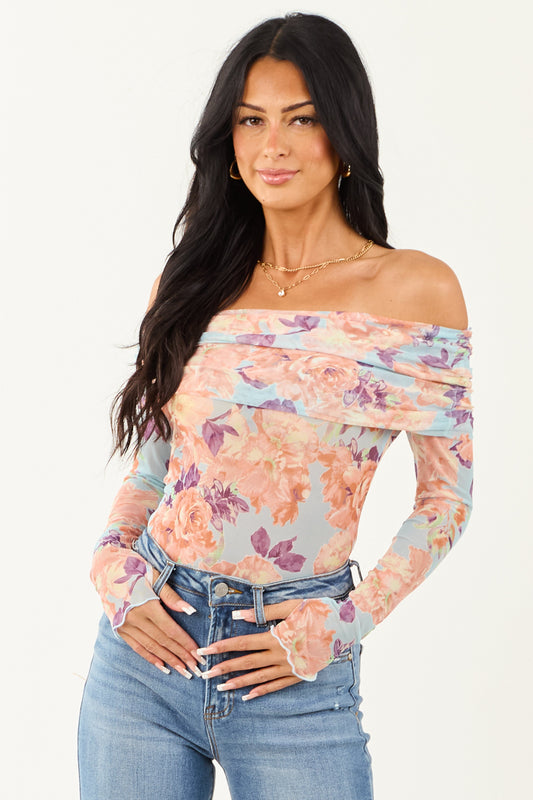 Women's Off-The-Shoulder Bodysuit Sky Blue Floral - Fashinoza