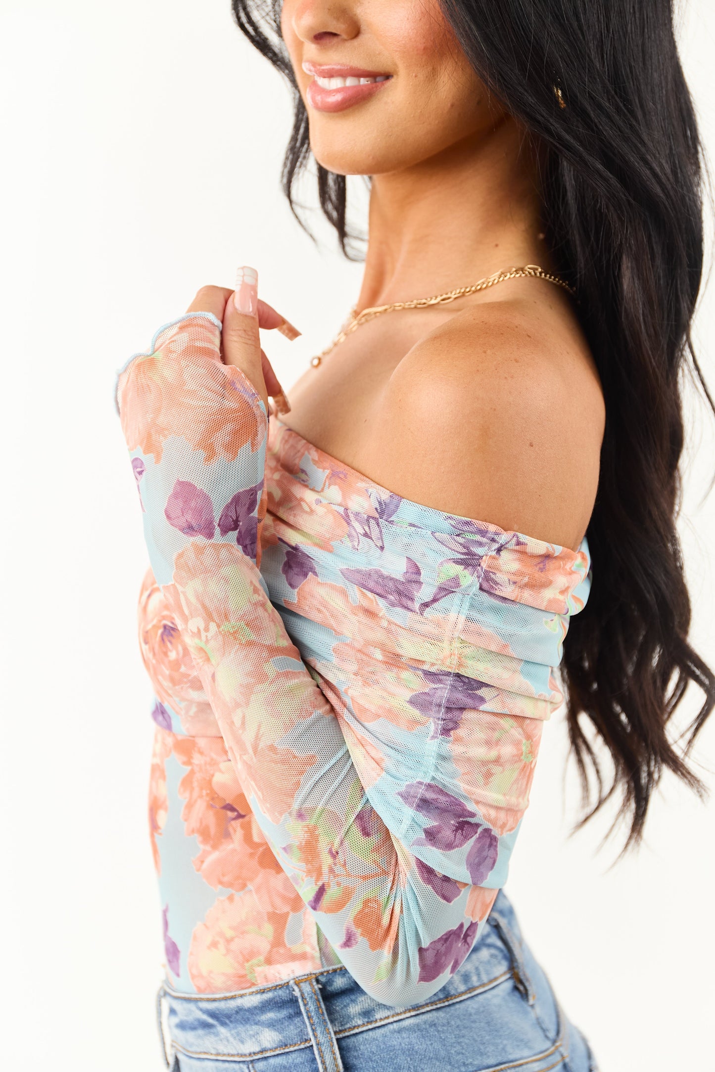Women's Off-The-Shoulder Bodysuit Sky Blue Floral