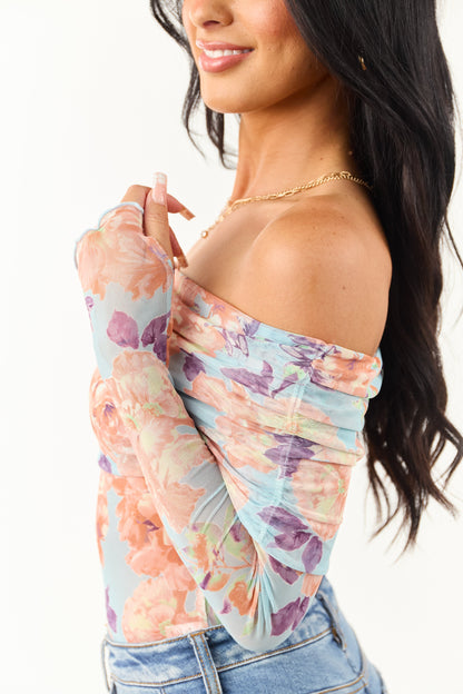 Women's Off-The-Shoulder Bodysuit Sky Blue Floral