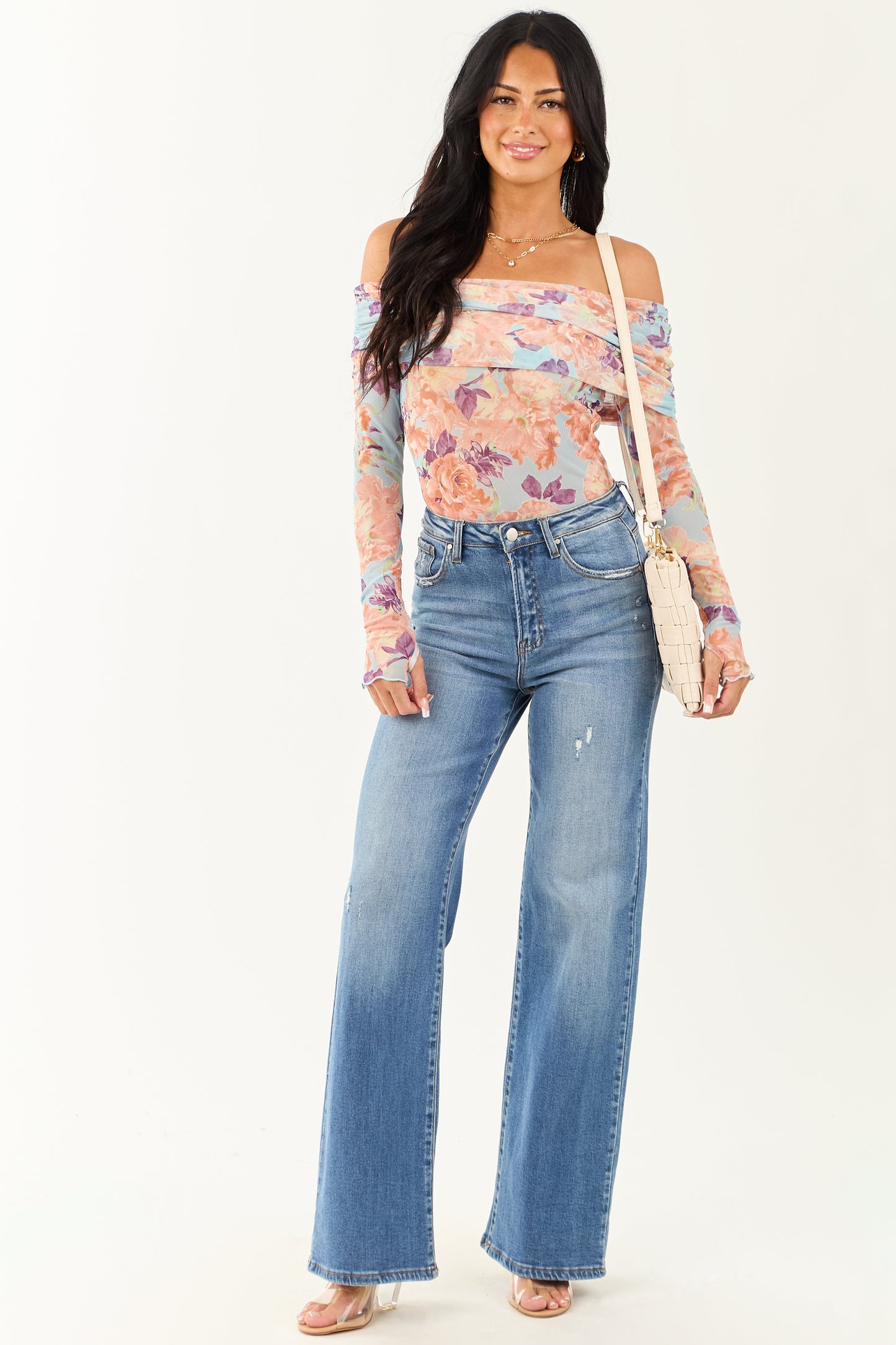 Women's Off-The-Shoulder Bodysuit Sky Blue Floral