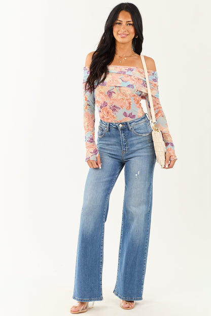 Women's Off-The-Shoulder Bodysuit Sky Blue Floral