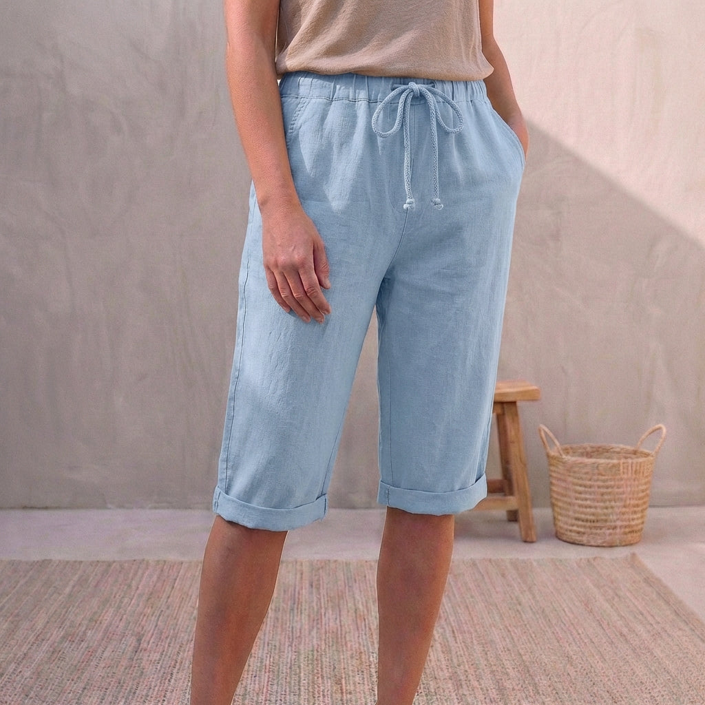 Linen Capri Pants Relaxed Fit Drawstring Waist Cuffed Hem