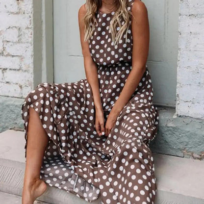 Women's Sleeveless Polka Dot Maxi Dress Comfortable - 
Fashinoza