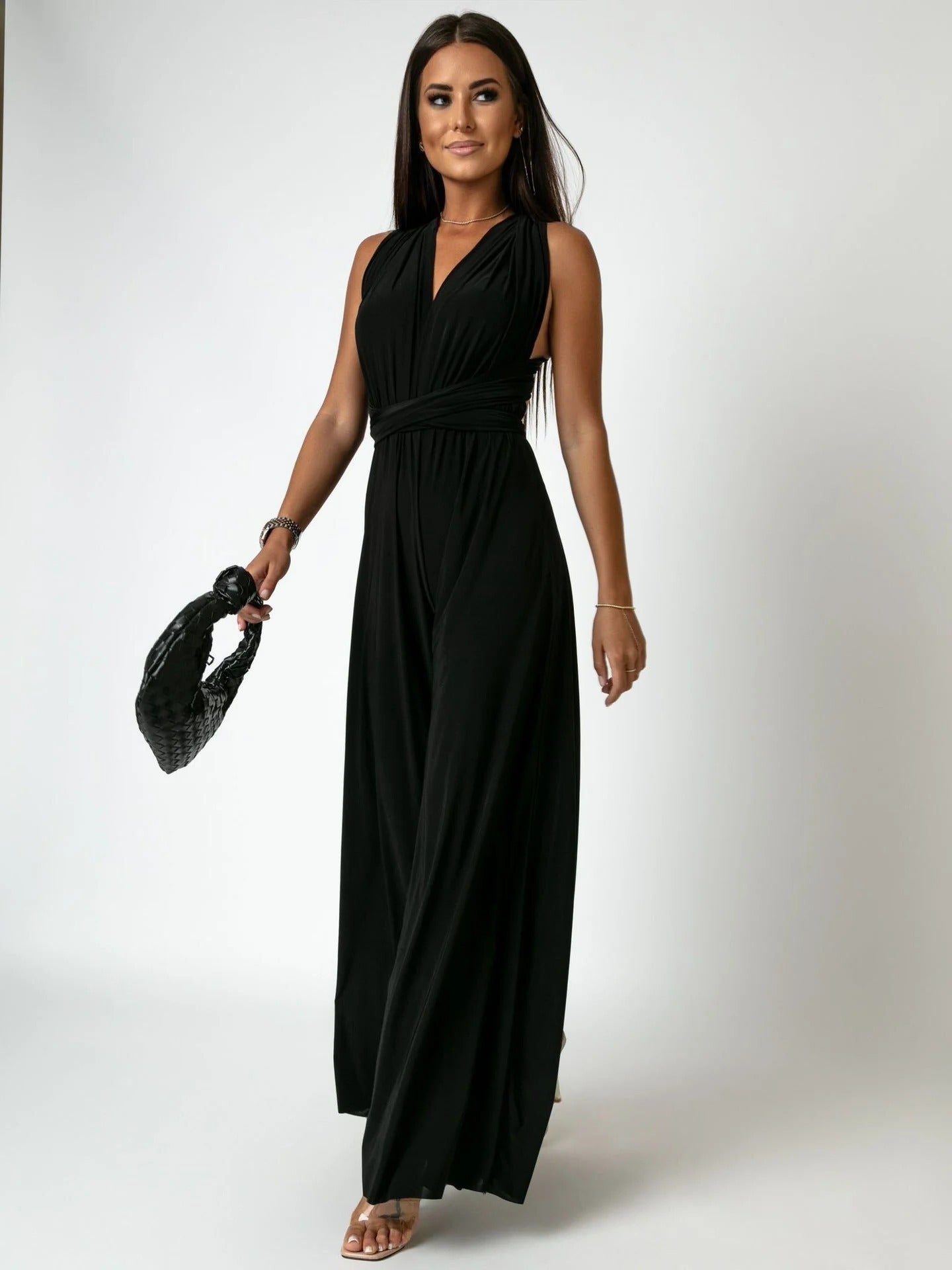 Women's Wide Leg Jumpsuit Deep V-Neck Blush Wrap Tie - Fashinoza