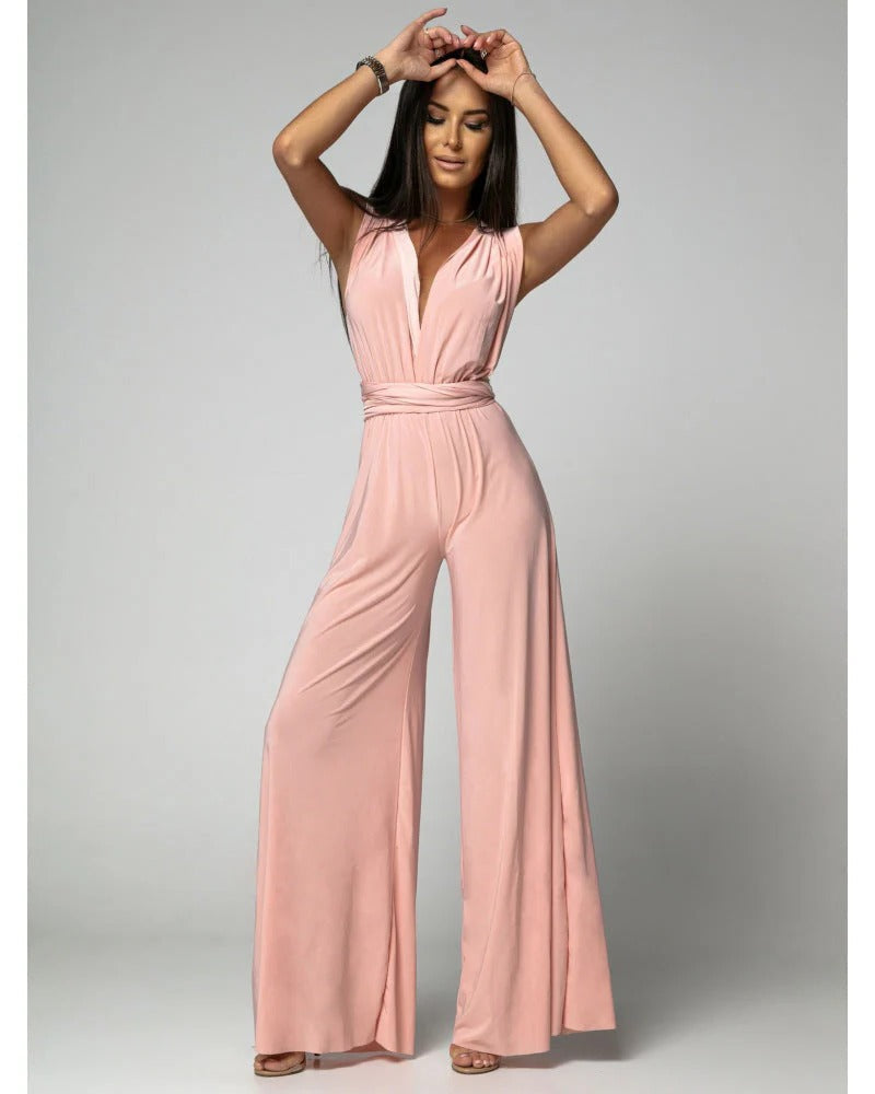 Women's Wide Leg Jumpsuit Deep V-Neck Blush Wrap Tie
