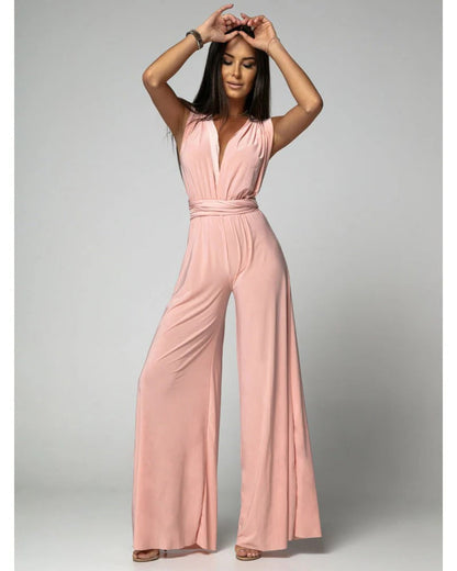 Women's Wide Leg Jumpsuit Deep V-Neck Blush Wrap Tie