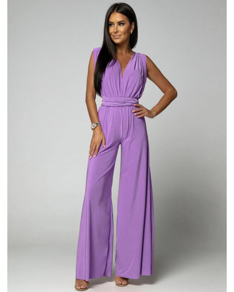 Women's Wide Leg Jumpsuit Deep V-Neck Blush Wrap Tie