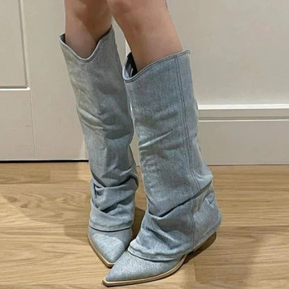 Women's Slouchy Denim Knee High Boots Comfortable Style - 
Fashinoza