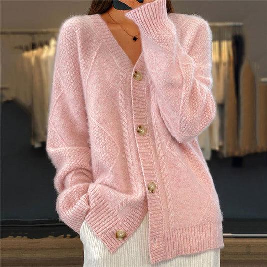 Women's Wool Blend Cardigan Soft V-Neck Relaxed Fit - Fashinoza