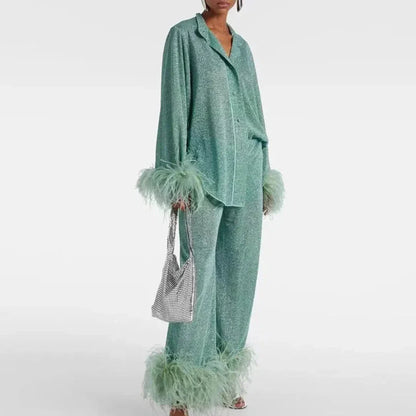 Luxe Feather Trim Women's Lingerie Set