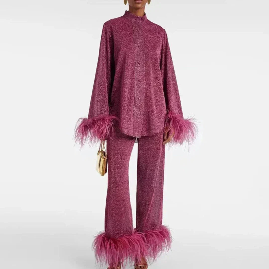Luxe Feather Trim Women's Lingerie Set - 
Fashinoza