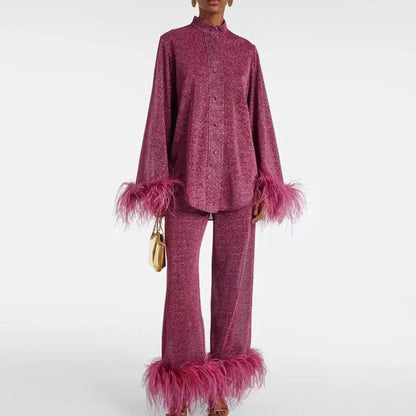 Luxe Feather Trim Women's Lingerie Set - 
Fashinoza