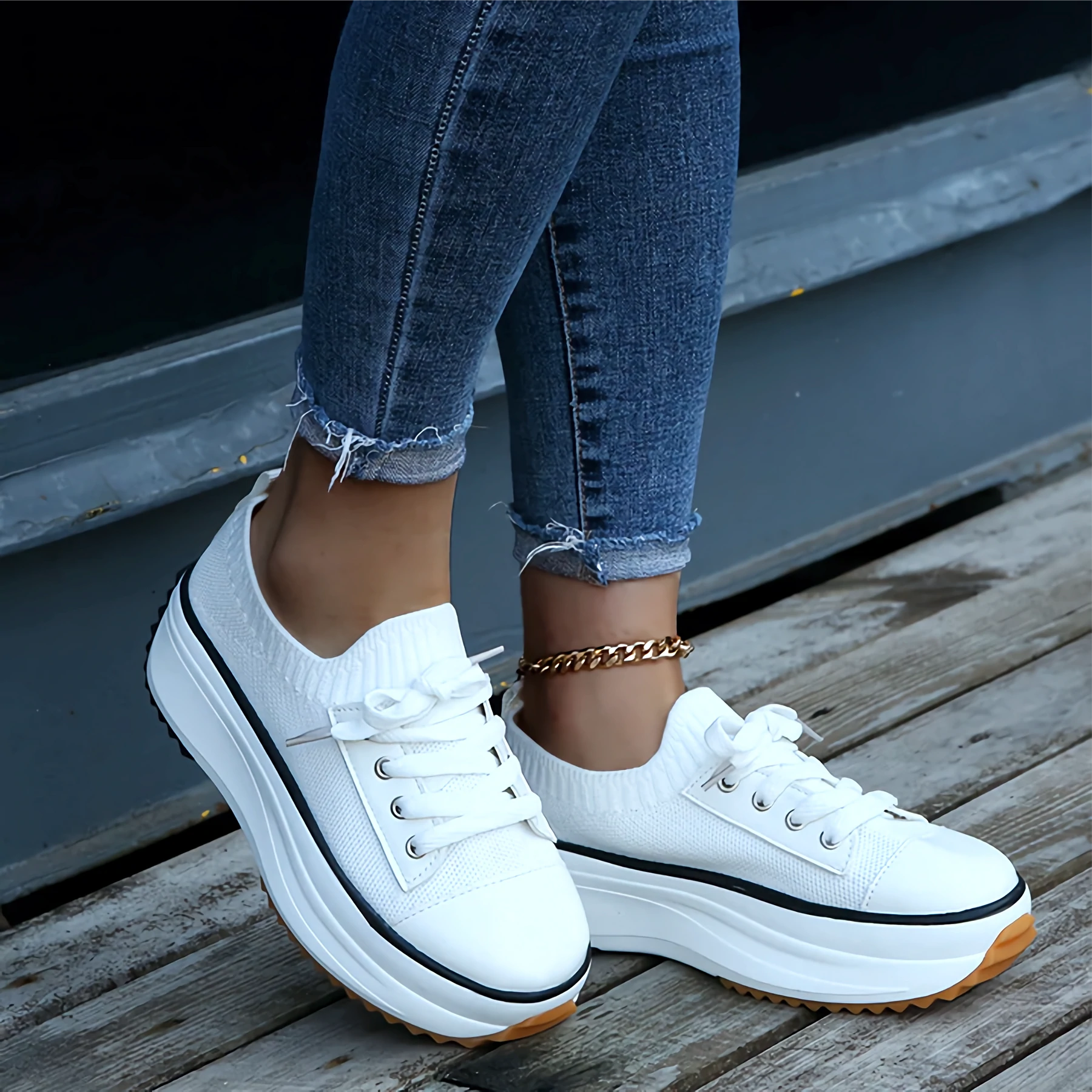 Women's Soft Knit Platform Sneakers Breathable Comfort - 
Fashinoza