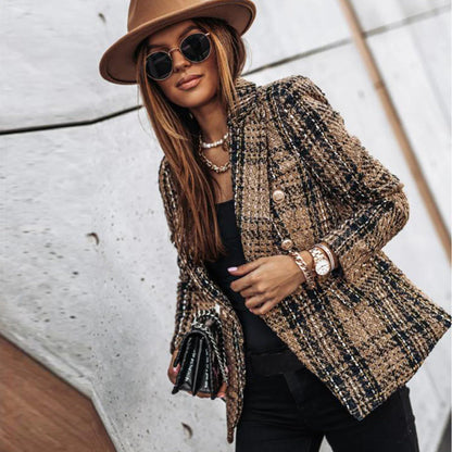 Women's Patterned Blazer Gold Buttoned Jacket