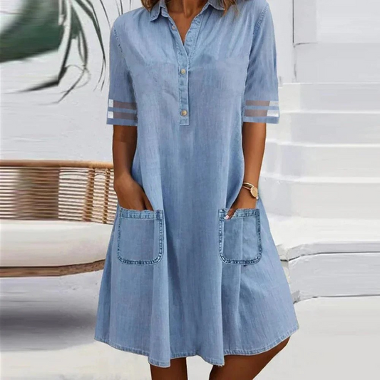 Women's Shirt Dress Mini Button Front with Pockets - Fashinoza