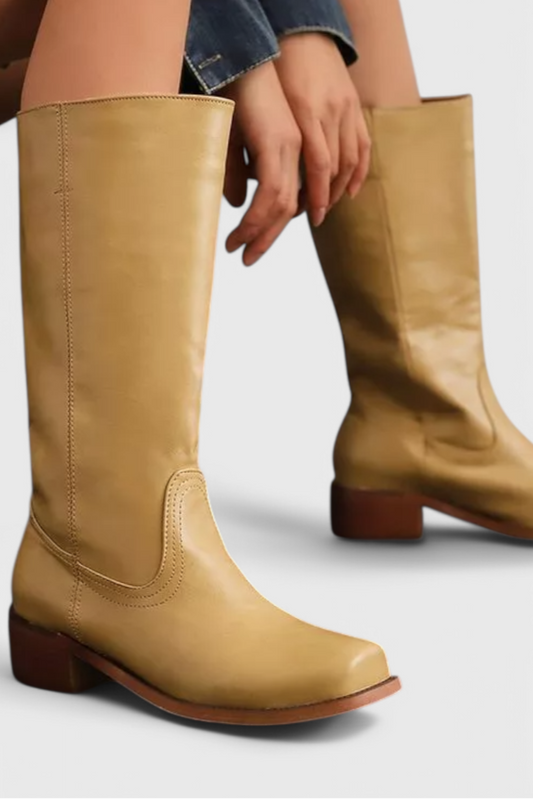 Women's Leather Knee-High Boots Square Toe Comfortable - 
Fashinoza