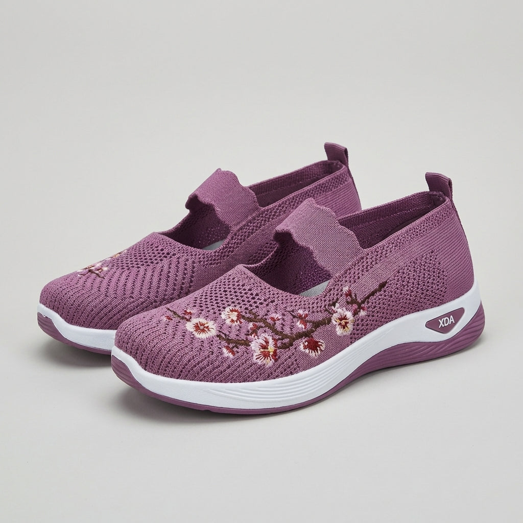 Women's Knit Mary Jane Flats Floral Embroidery