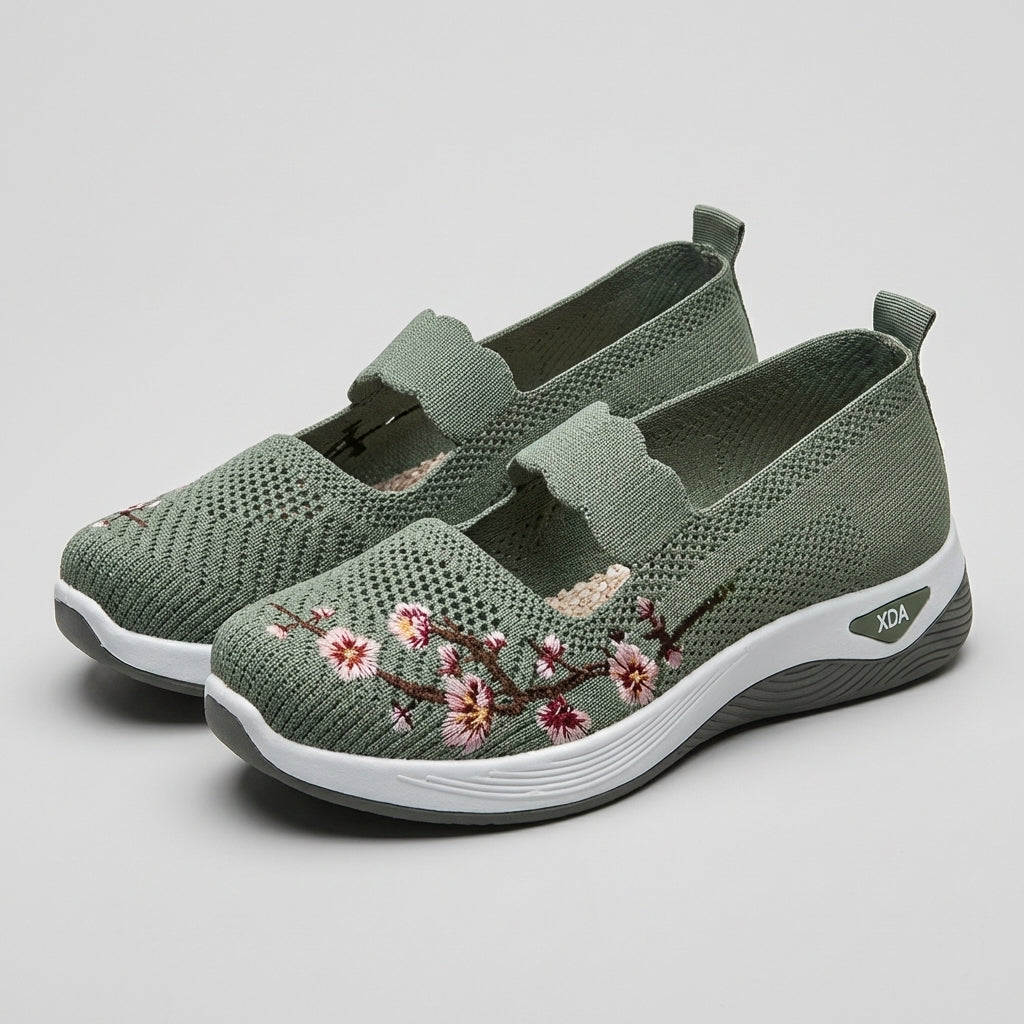 Women's Knit Mary Jane Flats Floral Embroidery